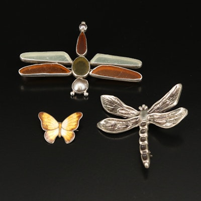 Sterling Pearl, Glass Enamel Dragonfly and Butterfly Brooches