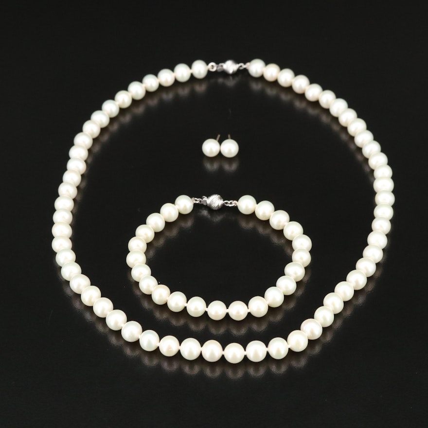 Sterling Pearl Necklace, Bracelet and Earrings Set
