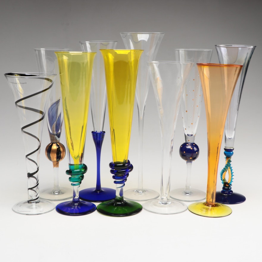 Applied Rigaree and Blown Glass Champagne Flutes
