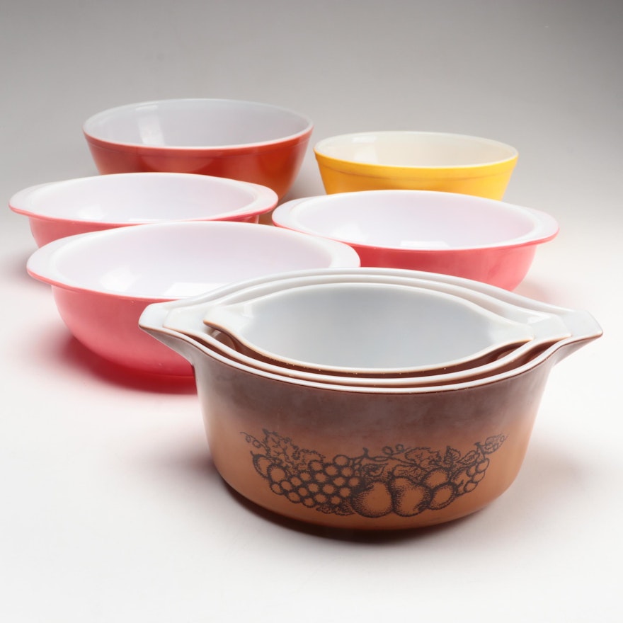 Pyrex "Old Orchard" Baking Dishes with Flameglo and More Mixing Bowls