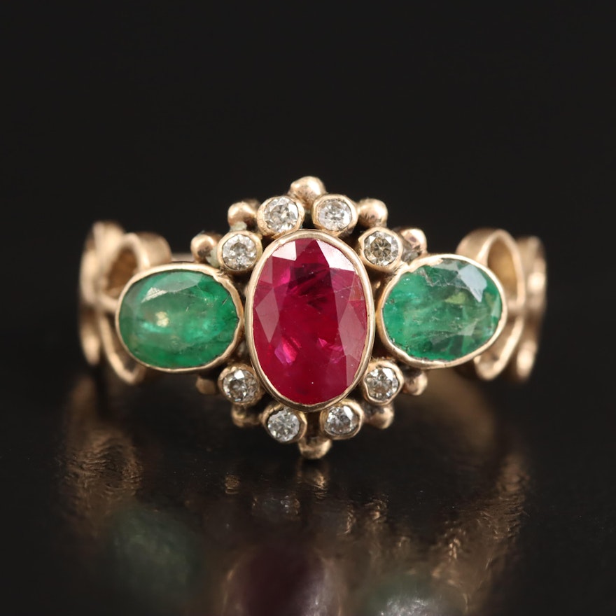 14K Ruby, Emerald and Diamond Ring