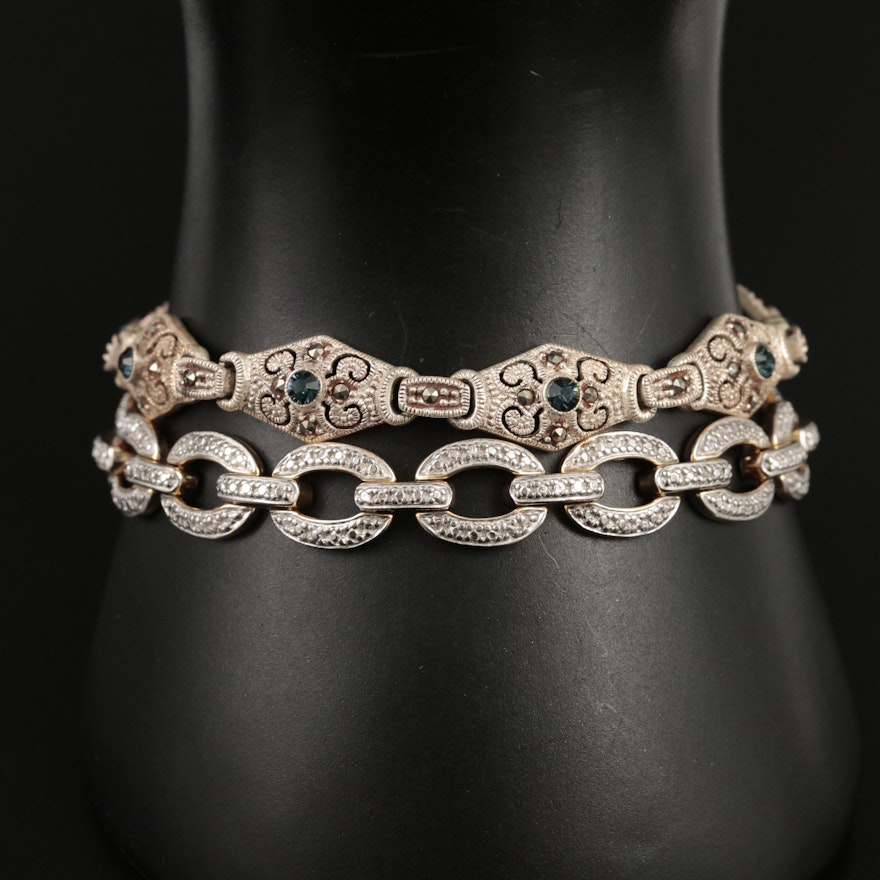 Sterling Diamond, Rhinestone and Marcasite Link Bracelets