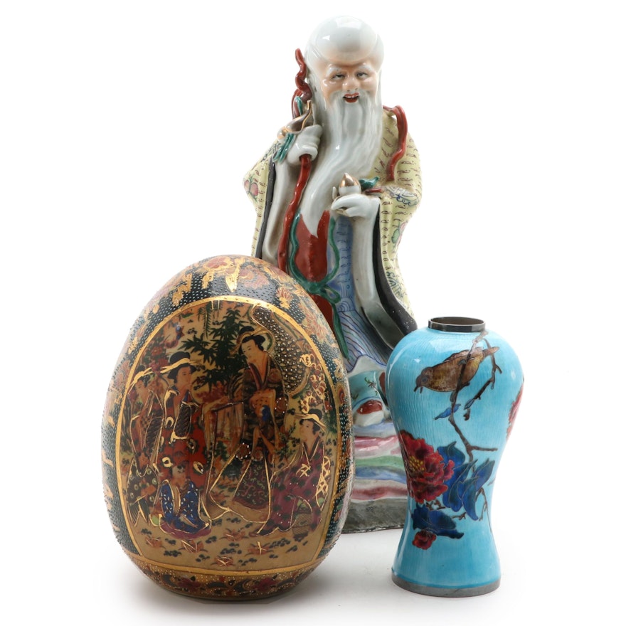 Japanese Ginbari Cloisonné Vase and Royal Satsuma Egg with Immortal Figurine