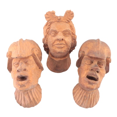 Continental European Style Hand-Carved Wood Wall Hanging Busts