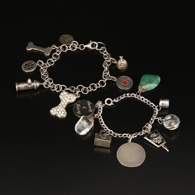 Sterling Charm Bracelets Including Aventurine, Glass Rock Crystal Quartz