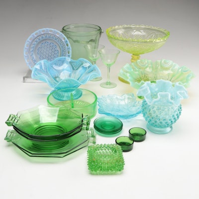 Vaseline Glass Compote with Green Opalescent and Other Glass Tableware