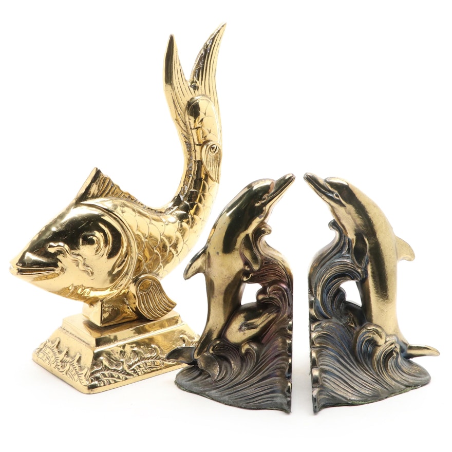 Cast Brass Dolphin Bookends with Fish Figurine