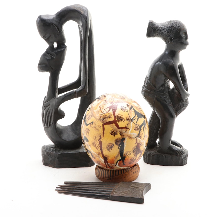 African Wood and Ostrich Egg Sculptures and Utilitarian Objects