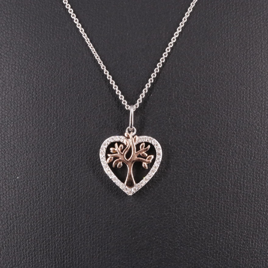 Sterling and 10K Gold 0.21 CTW Diamond Heart Tree Pendant Necklace