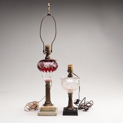 Cut-to-Clear Ruby and Pressed Glass Columnar Converted Oil Lamps