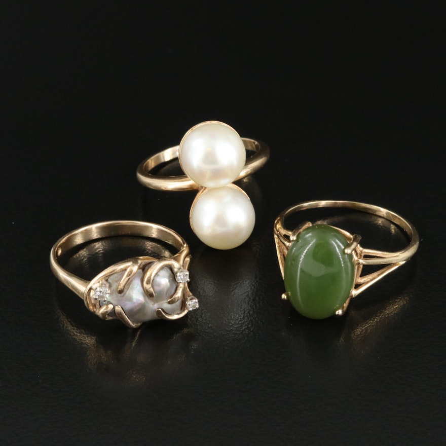 14K Ring Selection with Diamond, Nephrite and Pearl