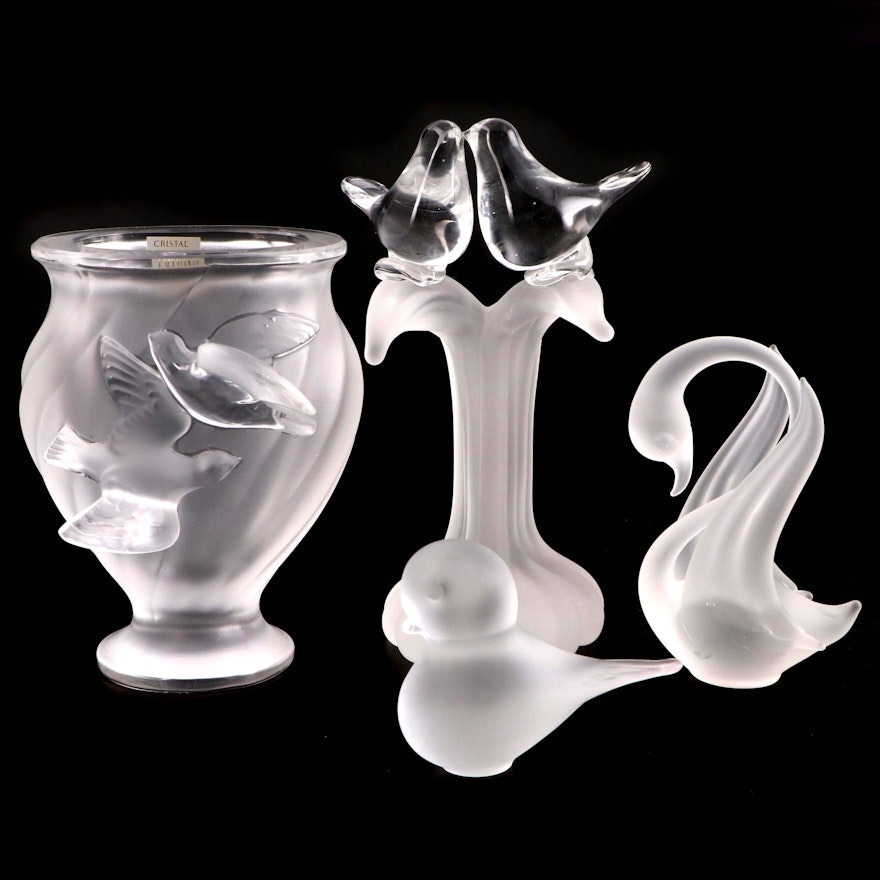 Lalique "Rosine" Frosted Crystal Vase with Other Frosted Crystal Bird Figurines