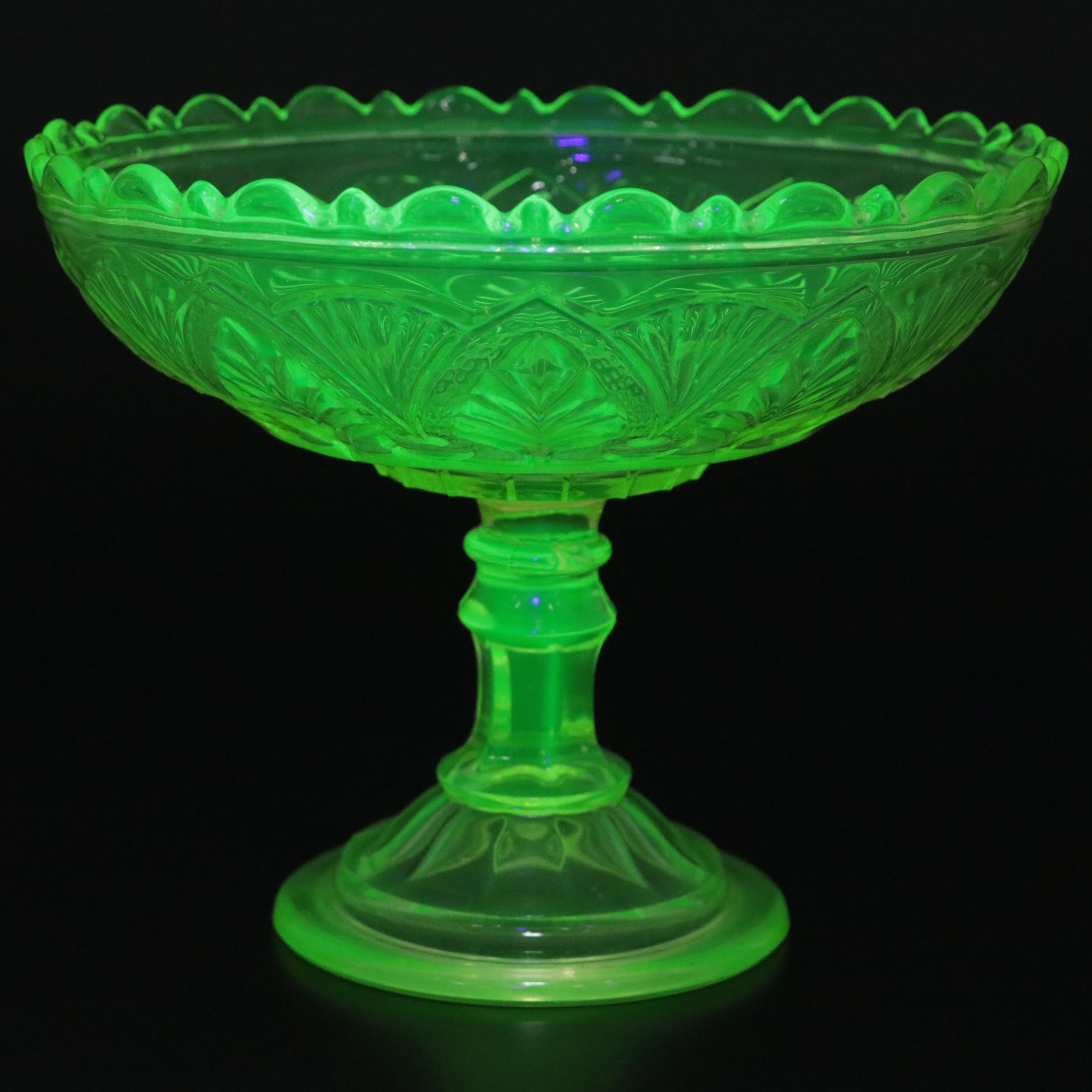 Vaseline Glass Compote with Green Opalescent and Other Glass Tableware