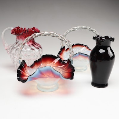 Handblown Glass Ruffled Baskets with Optic Dot Pitcher and Vase