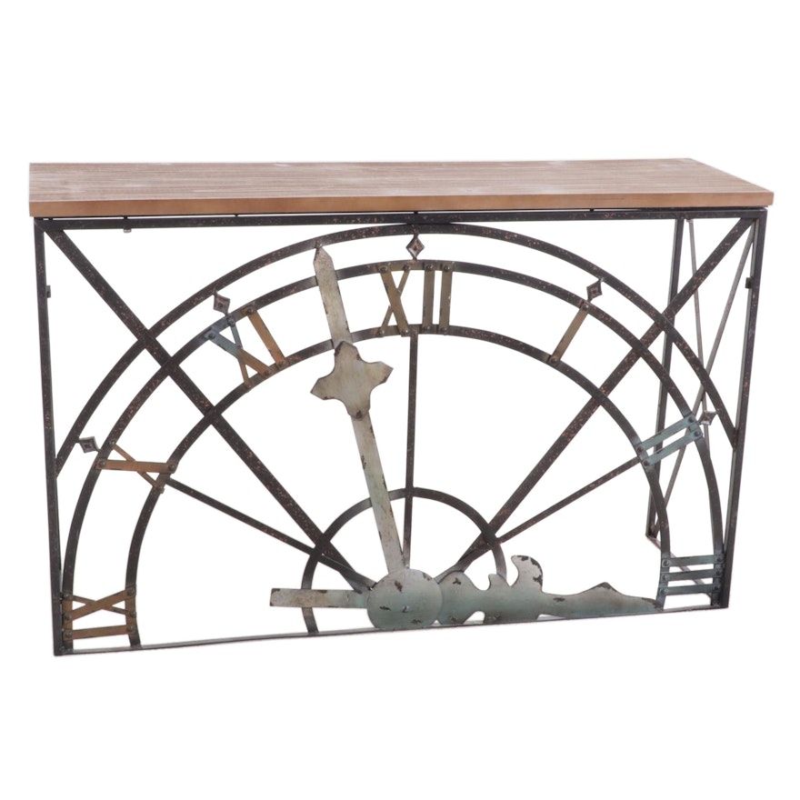 Contemporary Half-Clock Metal and Wood Top Console Table