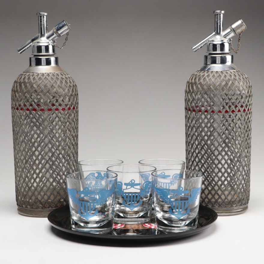 Couroc Tray with Art Deco Style Wire Mesh Seltzer Bottles and Shot Glasses