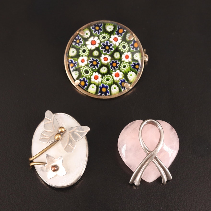 Sterling and 800 Silver Brooches Including Mother-of-Pearl and Rose Quartz