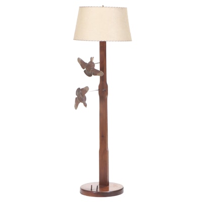Walnut Floor Lamp with Carved and Painted Quail