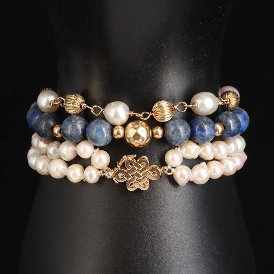 14K Bracelets with Lapis Lazuli, Pearl and Chinese Longevity Knot