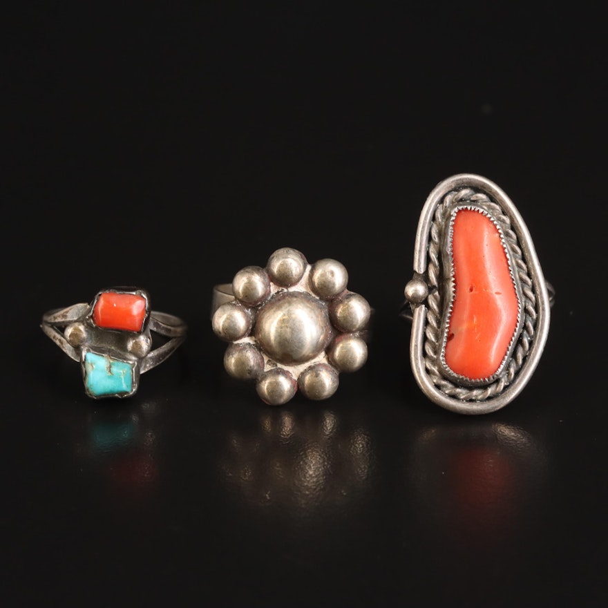 Southwestern Sterling Ring Selection Including Coral and Turquoise