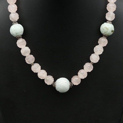 Rose Quartz and Jadeite Carved Necklace with Sterling Clasp