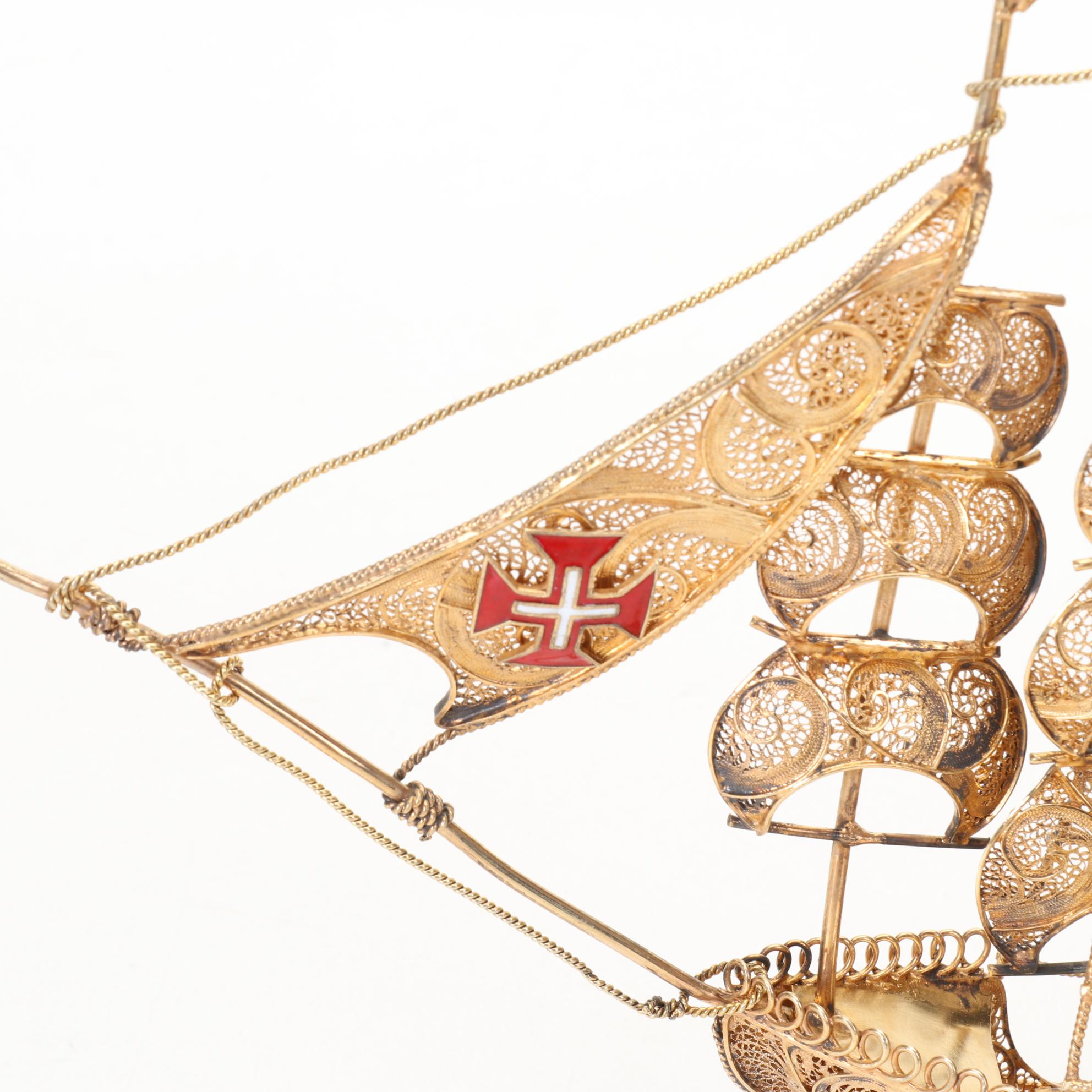 Portuguese Gilt 916 Silver Filigree Galleon Ship, Mid20th Century EBTH