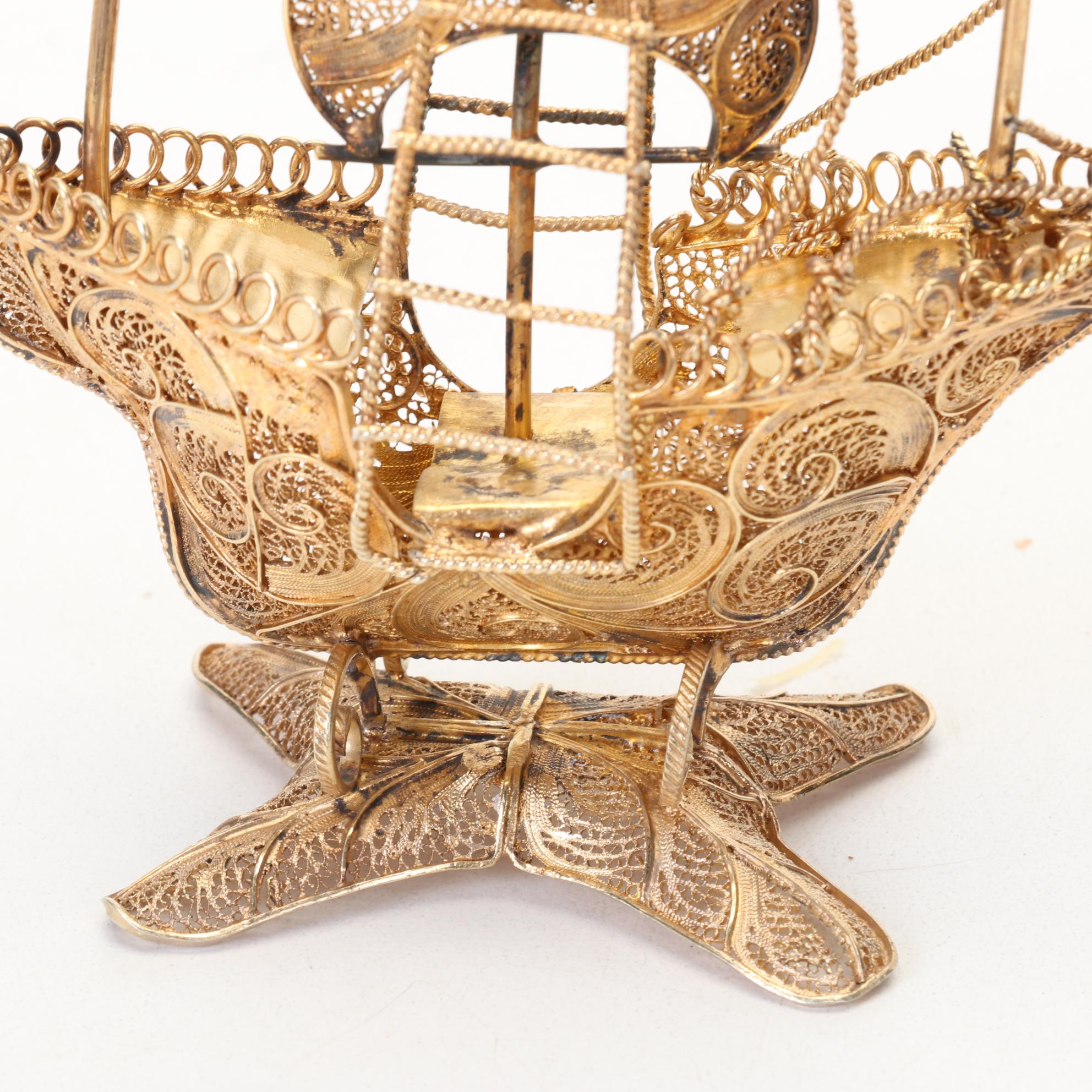 Portuguese Gilt 916 Silver Filigree Galleon Ship, Mid20th Century EBTH