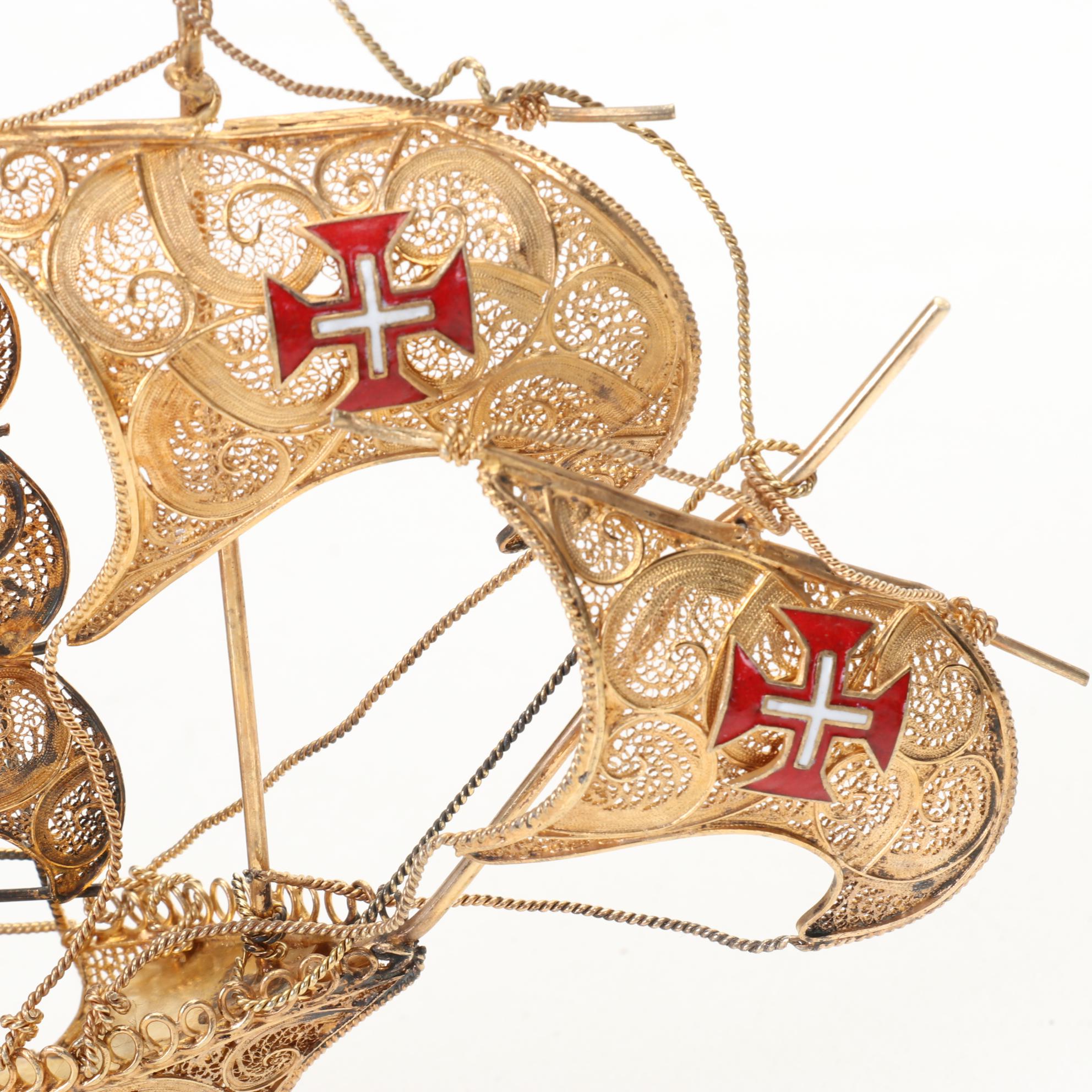 Portuguese Gilt 916 Silver Filigree Galleon Ship, Mid20th Century EBTH