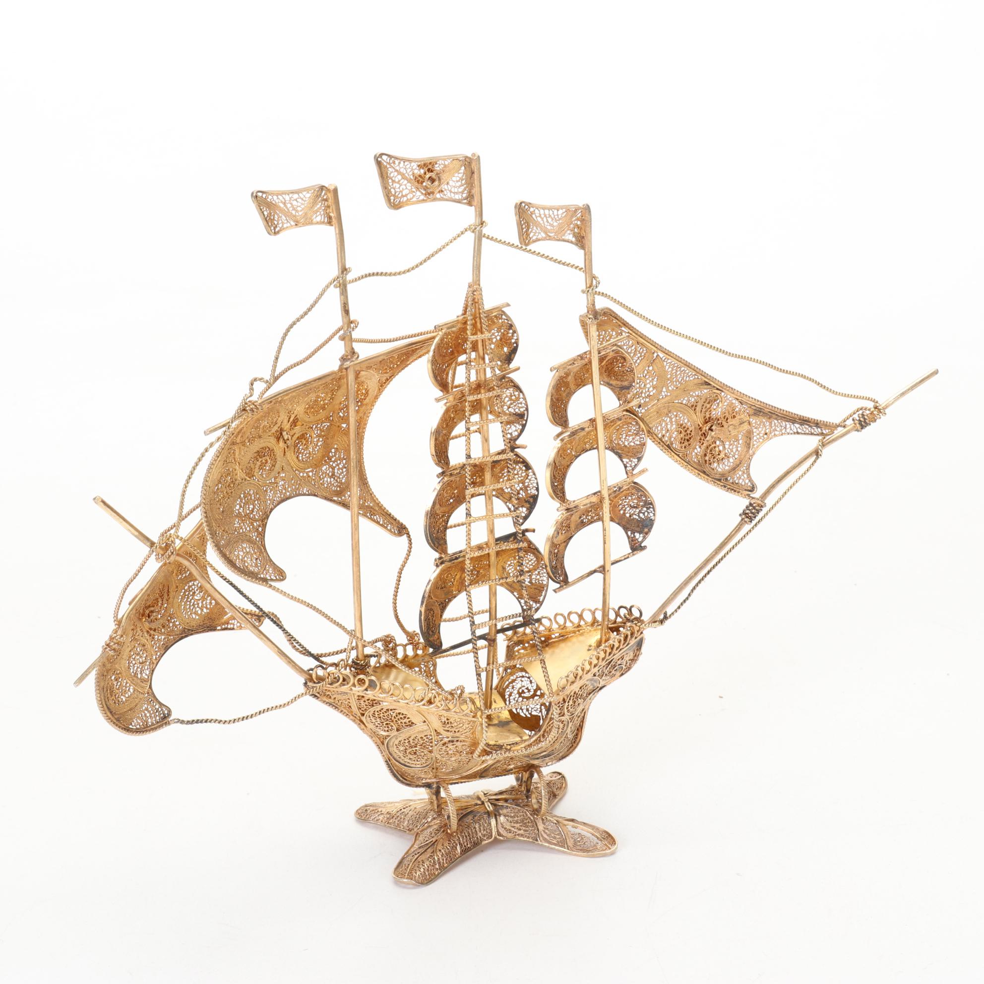 Portuguese Gilt 916 Silver Filigree Galleon Ship, Mid20th Century EBTH