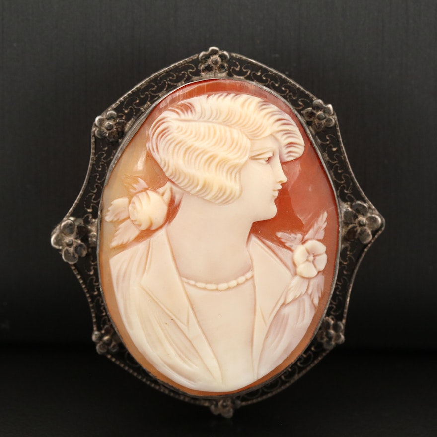 Vintage Sterling Shell Cameo Brooch