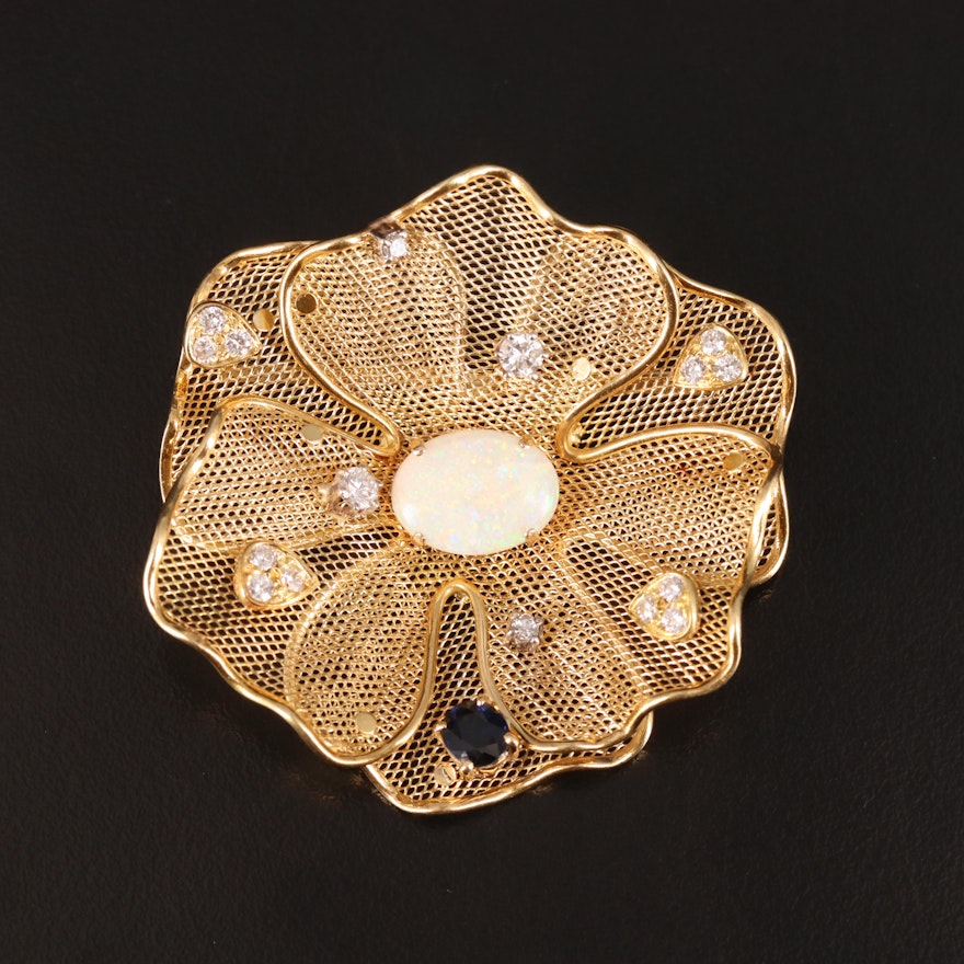 18K Opal, Sapphire and Diamond Mesh Flower Brooch