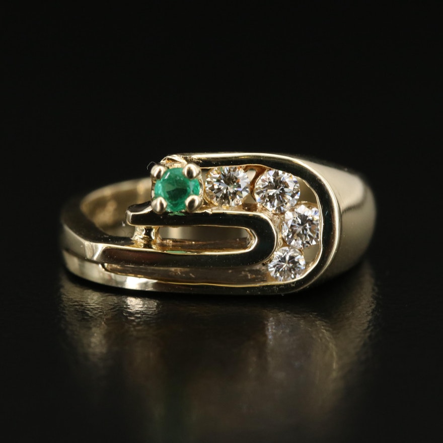 14K Emerald and Diamond Contemporary Bar Ring