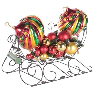 Wire Sleigh Centerpiece with Glass Christmas Ornaments and Artificial Pine Bough