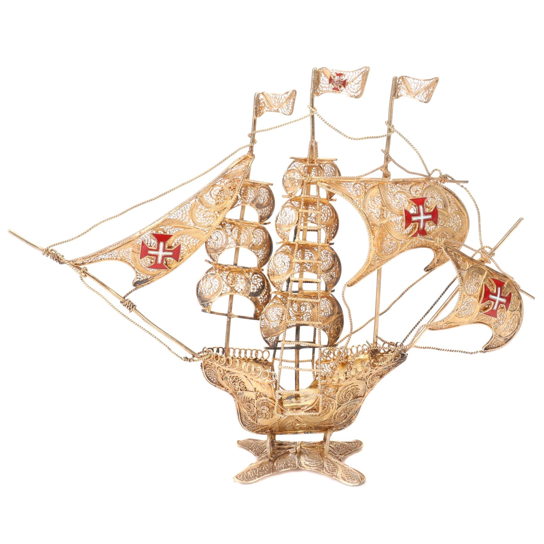 Portuguese Gilt 916 Silver Filigree Galleon Ship, Mid20th Century EBTH