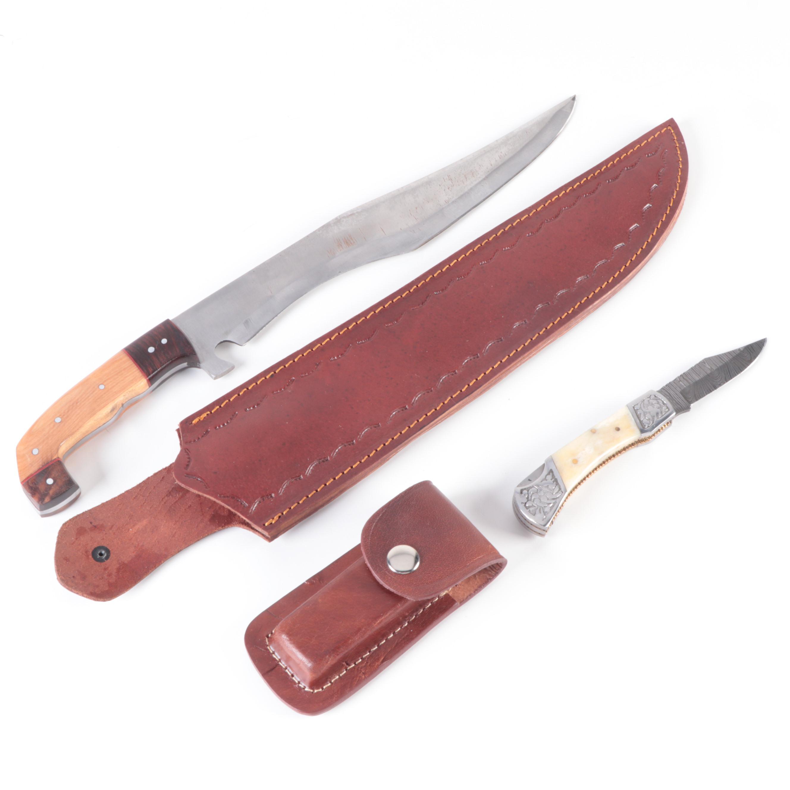 Wood Handled Fixed Blade Knife and Bone Handled Folding Knife, Sheaths