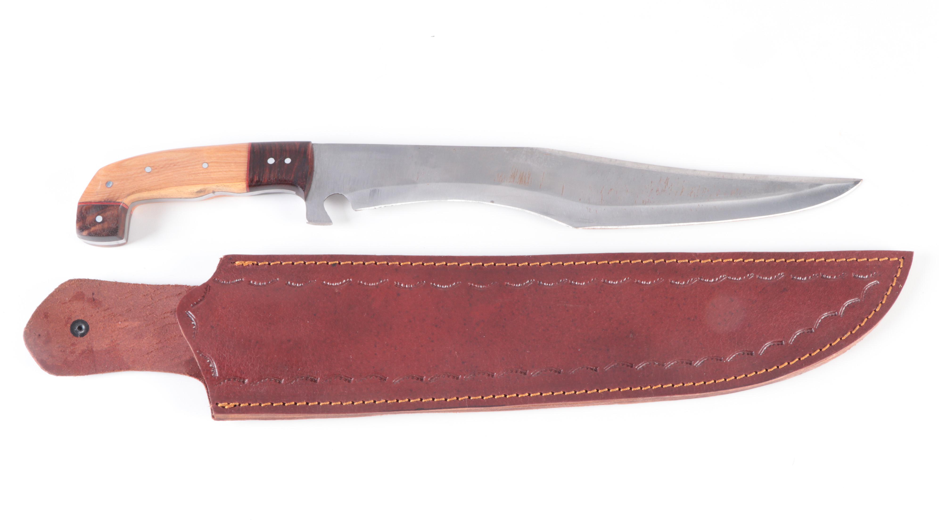 Wood Handled Fixed Blade Knife and Bone Handled Folding Knife, Sheaths