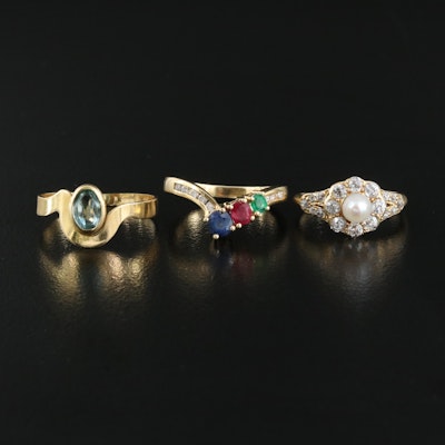18K Rings Including Aquamarine, Pearl, Sapphire, Ruby, Emerald and Diamond