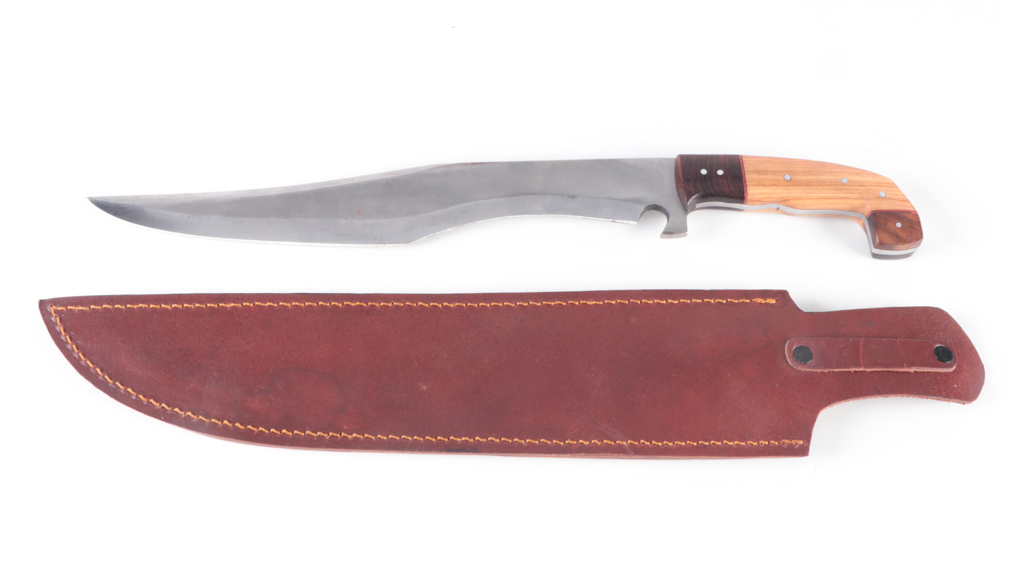 Wood Handled Fixed Blade Knife and Bone Handled Folding Knife, Sheaths