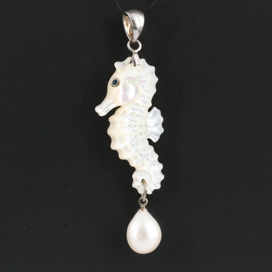 Sterling Mother-of-Pearl, Sapphire and Pearl Seahorse Pendant