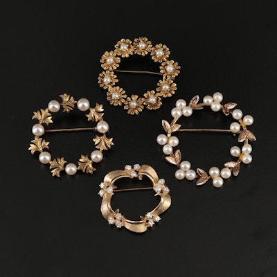 Vintage 10K and 14K Pearl and Diamond Wreath Brooches
