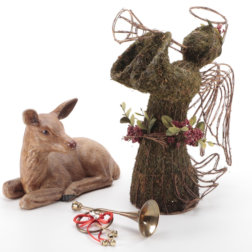 Angel Topiary with Hand-Glazed Ceramic Deer and Brass French Horn