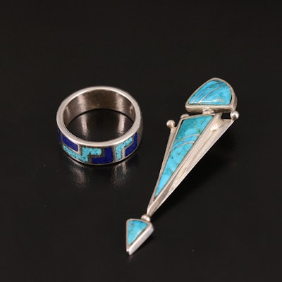 Signed Southwestern Sterling Inlaid Ring and Pendant