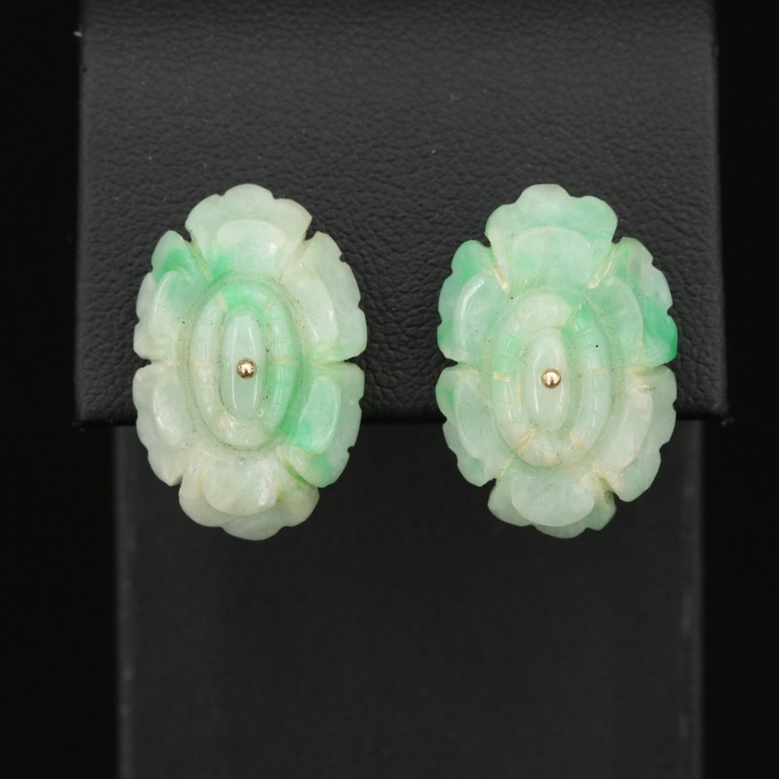 14K Jadeite Carved Drop Earrings