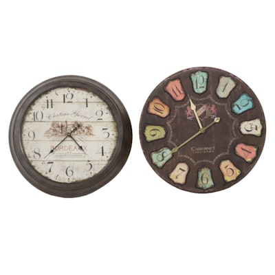 Metal and Glass "Bordeaux" with "Cabernet Sauvignon" Themed Wall Clocks