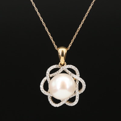 10K 10.00 mm Pearl and Diamond Pendant Necklace