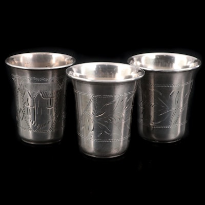 Russian 875 Silver Engraved Vodka Cups, 19th Century
