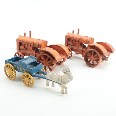 Cast Iron Toy Tractors and Goat Drawn Cart, Mid-20th Century