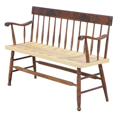 American Colonial Style Stenciled Poplar Bench, Mid to Late 20th Century