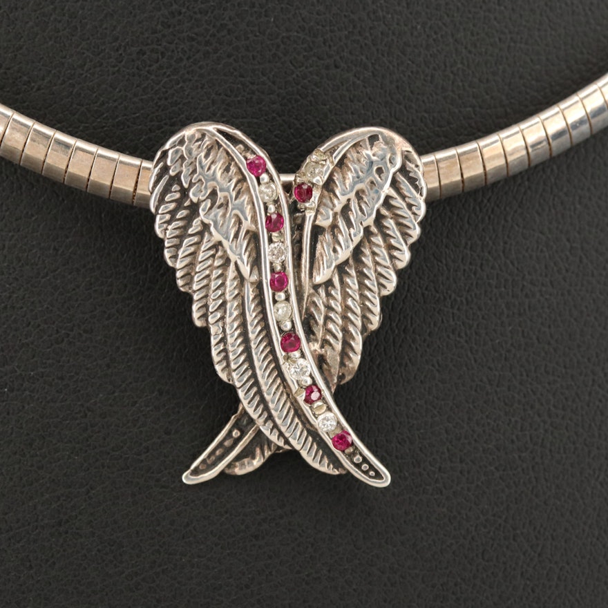 Sterling Diamond and Ruby Angel Wings Slide Pendant Necklace