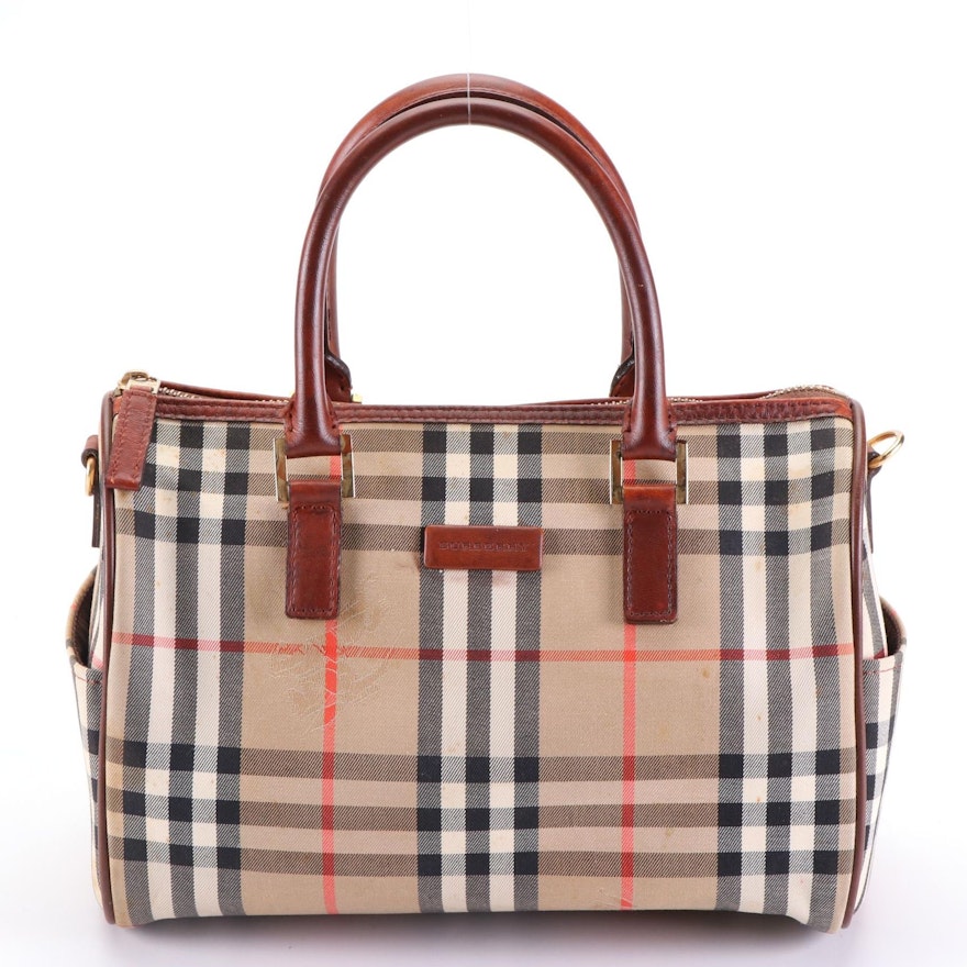 Burberry Small Boston Bag in Haymarket Check Gabardine and Brown Leather